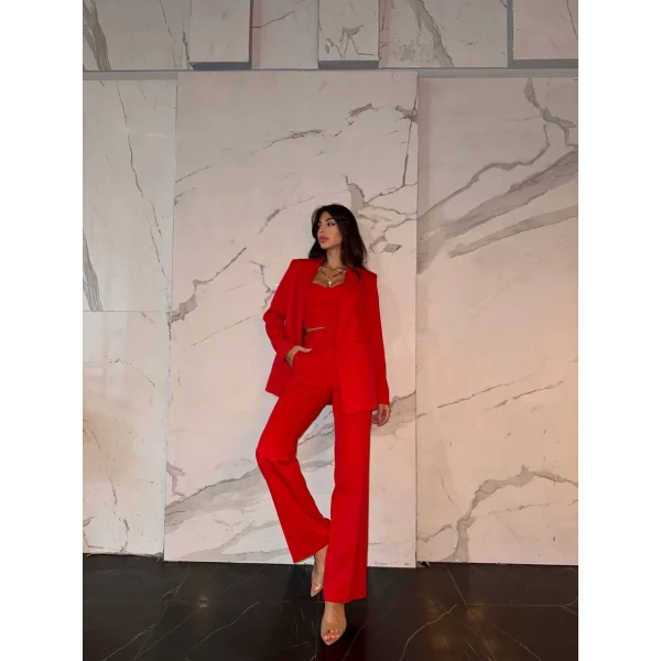KIRMIZI CROP BLAZER CEKET PANTOLON TAKIM