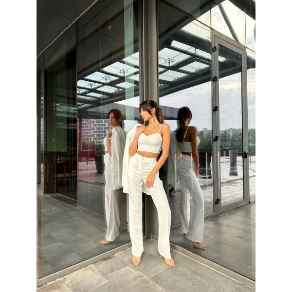 BEYAZ CROP BLAZER CEKET PANTOLON TAKIM