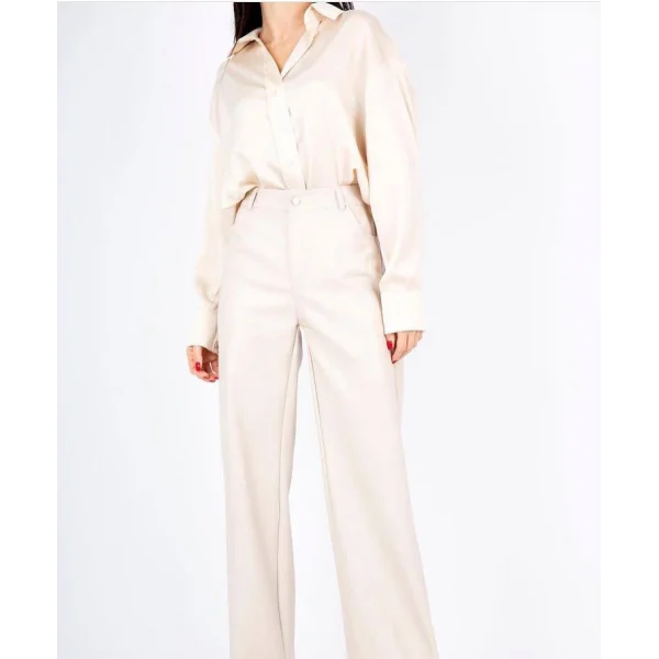 EKRU TEK DÜĞME DERİ PANTOLON