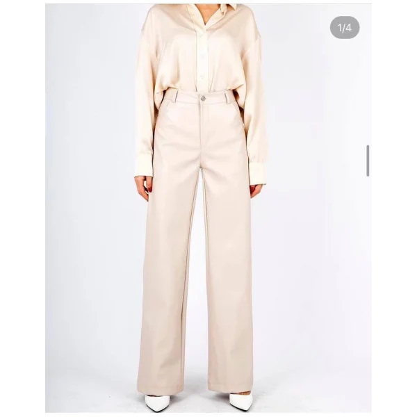 EKRU TEK DÜĞME DERİ PANTOLON