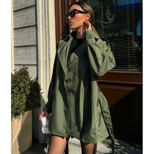 HAKİ KUŞAKLI ASTARLI KISA TRENÇKOT