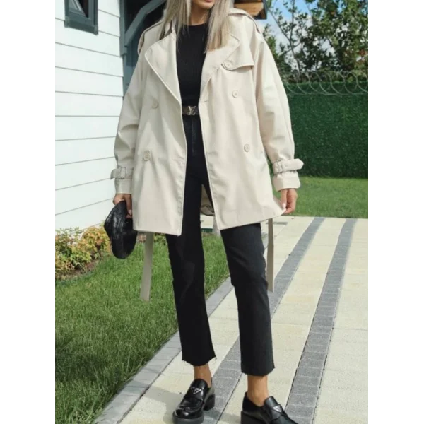 KREM KUŞAKLI ASTARLI KISA TRENÇKOT