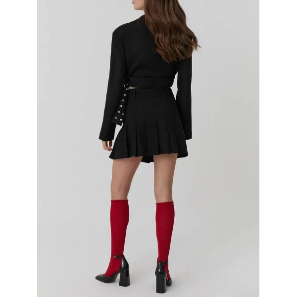 Kemer Detaylı Pileli Mini Etek Siyah