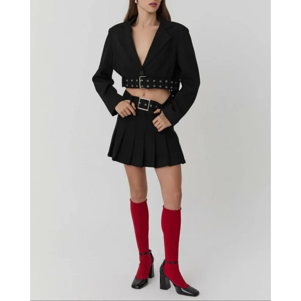 Kemer Detaylı Pileli Mini Etek Siyah