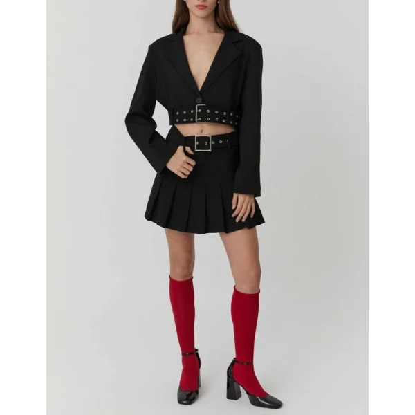 Kemer Detaylı Pileli Mini Etek Siyah