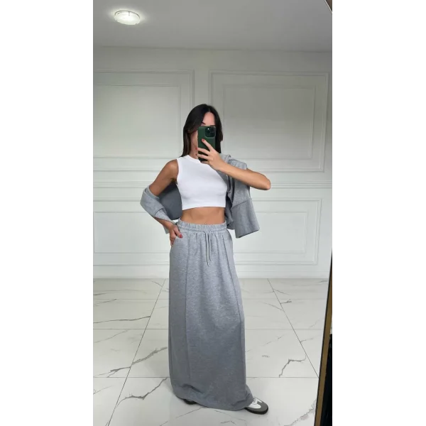 Pamuk Kumaş Yırtmaçlı Uzun Gri Etek