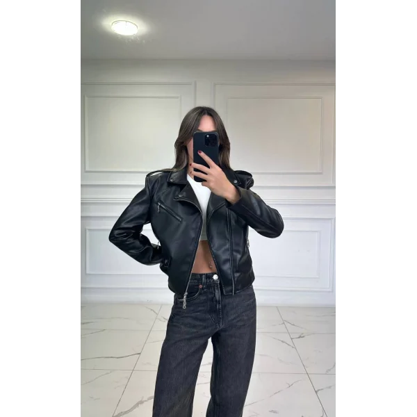 SİYAH FERMUAR DETAYLI DERİ CEKET