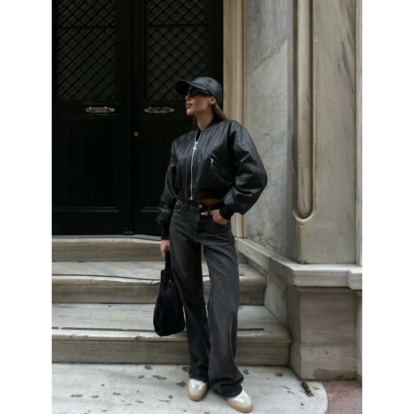 SİYAH ÖRGÜ DESENLİ DERİ CEKET