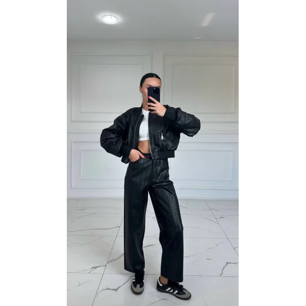 SİYAH ÖRGÜ DESENLİ DERİ CEKET