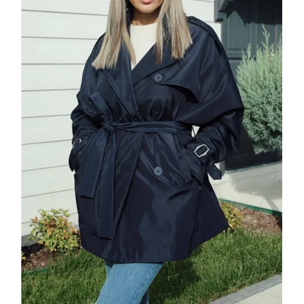 KUŞAKLI ASTARLI KISA TRENÇKOT LACİVERT