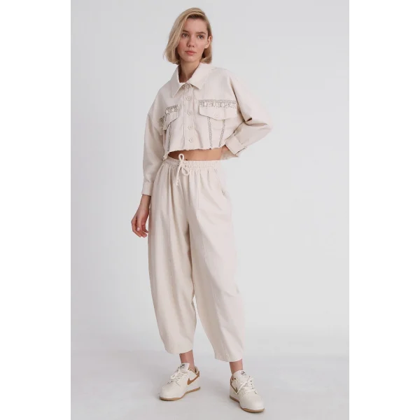 GABARDİN TAŞLI CROP CEKET EKRU