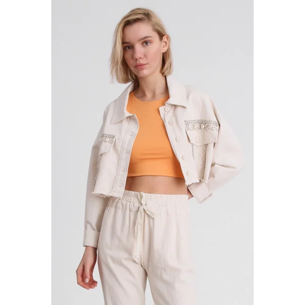 GABARDİN TAŞLI CROP CEKET EKRU