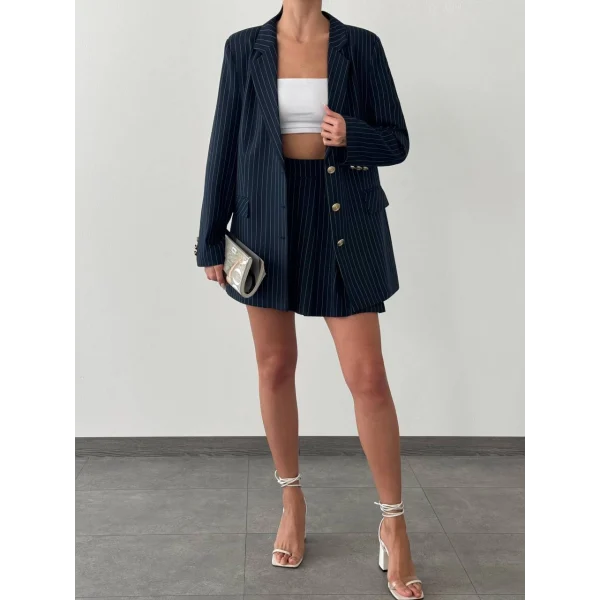 OVERSİZE ÇİZGİLİ POLİVİSKON ETEK CEKET TAKIM LACİVERT