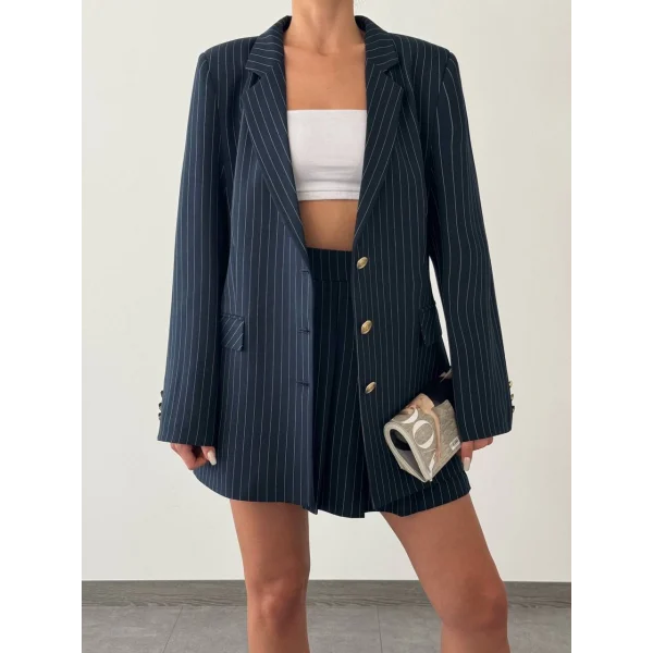 OVERSİZE ÇİZGİLİ POLİVİSKON ETEK CEKET TAKIM LACİVERT