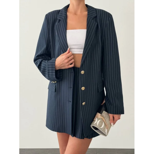 OVERSİZE ÇİZGİLİ POLİVİSKON ETEK CEKET TAKIM LACİVERT