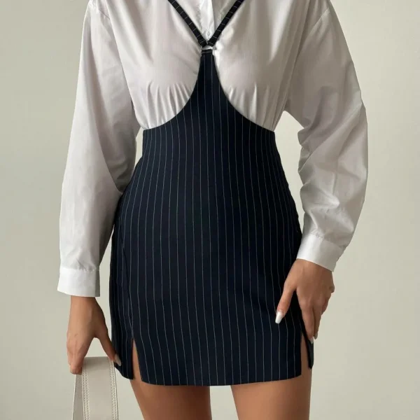 ÇİZGİLİ POLİVİSKON JİLE ETEK CEKET TAKIM LACİVERT