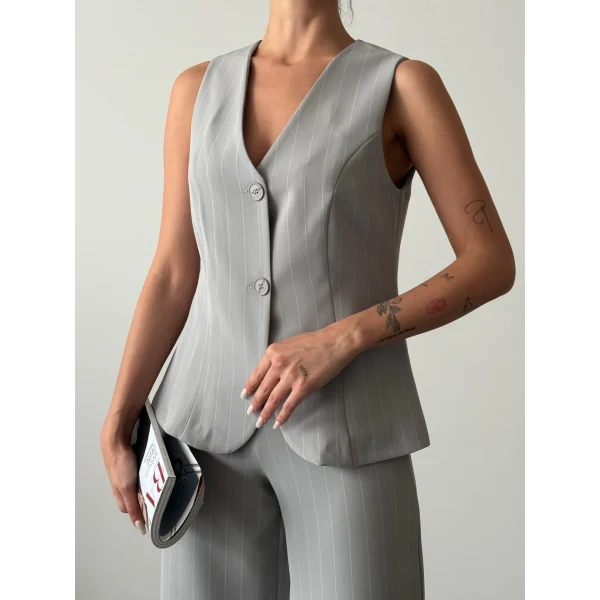 ÇİZGİLİ PAMUKLU YELEK PANTOLON TAKIM GRİ