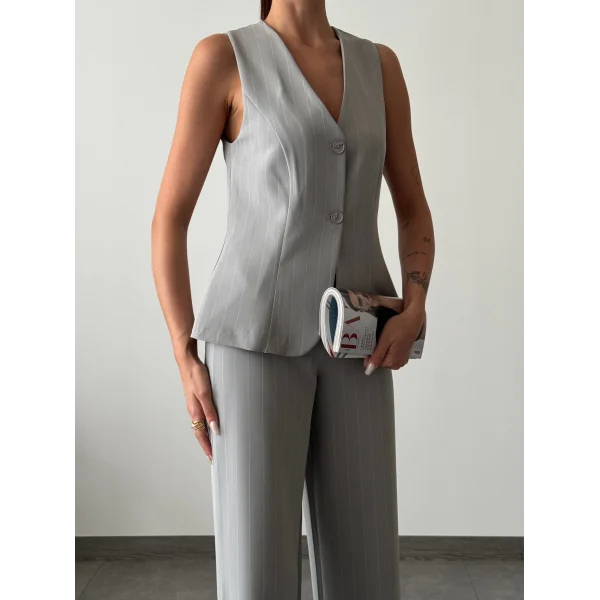 ÇİZGİLİ PAMUKLU YELEK PANTOLON TAKIM GRİ