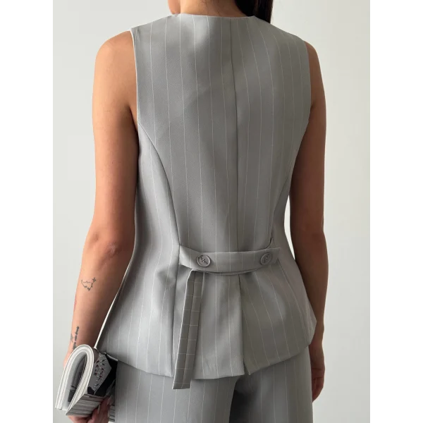 ÇİZGİLİ PAMUKLU YELEK PANTOLON TAKIM GRİ