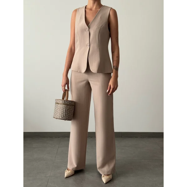 ÇİZGİLİ PAMUKLU YELEK PANTOLON TAKIM VİZON