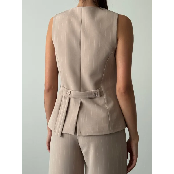 ÇİZGİLİ PAMUKLU YELEK PANTOLON TAKIM VİZON