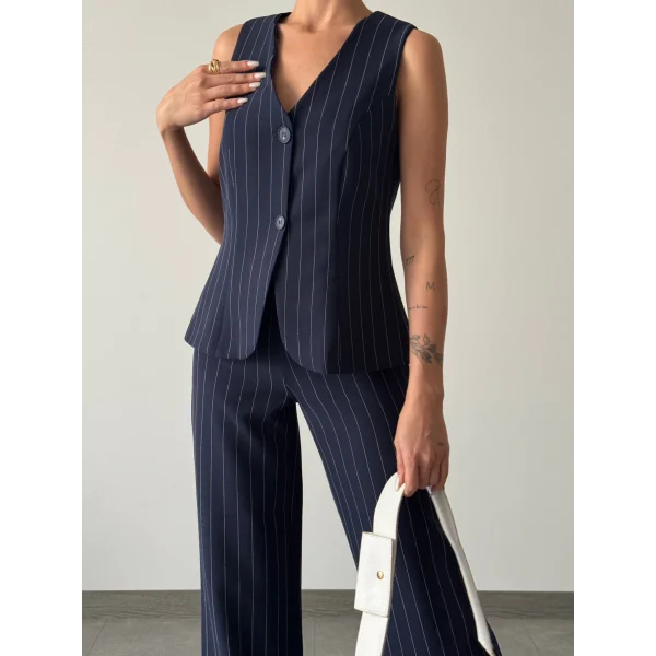 ÇİZGİLİ PAMUKLU YELEK PANTOLON TAKIM SİYAH