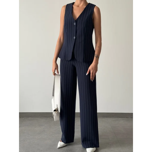 ÇİZGİLİ PAMUKLU YELEK PANTOLON TAKIM SİYAH