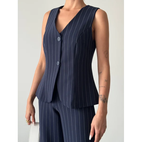 ÇİZGİLİ PAMUKLU YELEK PANTOLON TAKIM SİYAH