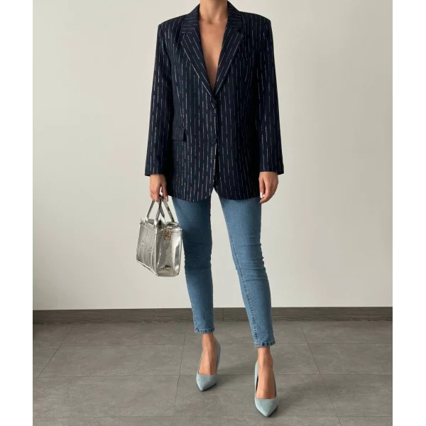 SİM ÇİZGİ DETAY ASTARLI BLAZER CEKET LACİVERT