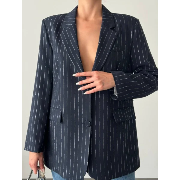 SİM ÇİZGİ DETAY ASTARLI BLAZER CEKET LACİVERT