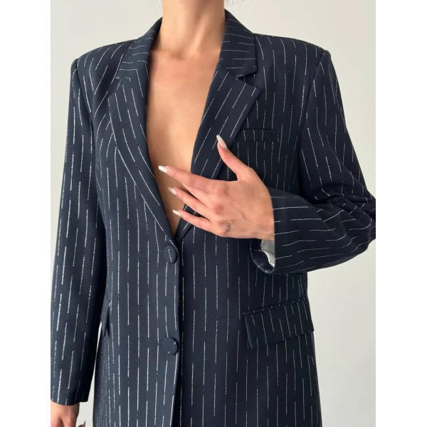 SİM ÇİZGİ DETAY ASTARLI BLAZER CEKET LACİVERT