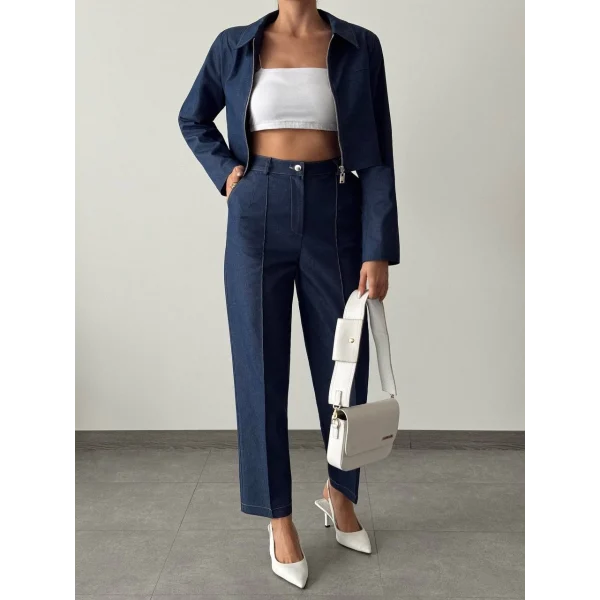 DENİM GABARDİN CEKET PANTOLON TAKIM LACİVERT