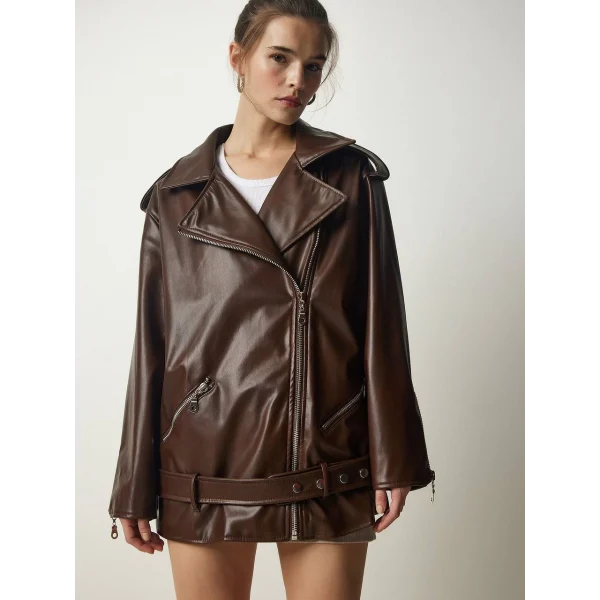 KOL FERMUAR DETAY DERİ CEKET KAHVERENGİ