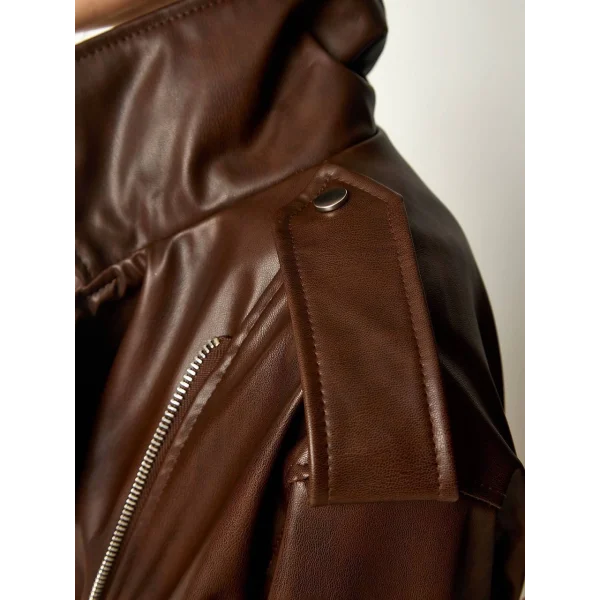 KOL FERMUAR DETAY DERİ CEKET KAHVERENGİ