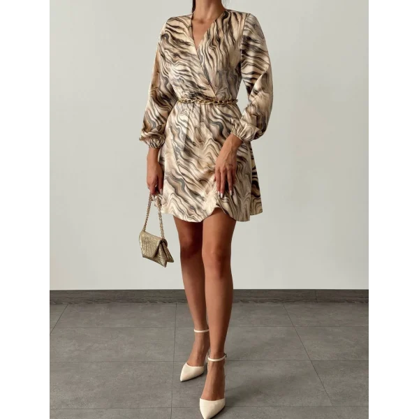 DESENLİ SATEN KRUVAZE ELBİSE BEJ