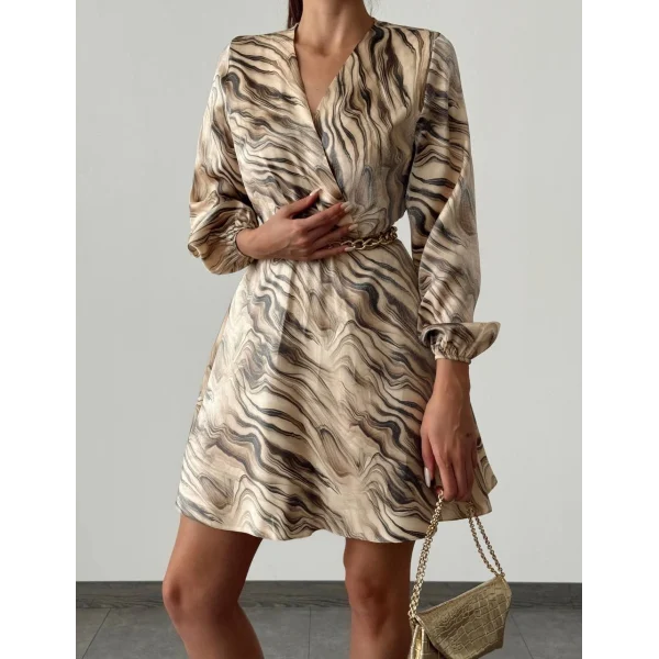 DESENLİ SATEN KRUVAZE ELBİSE BEJ