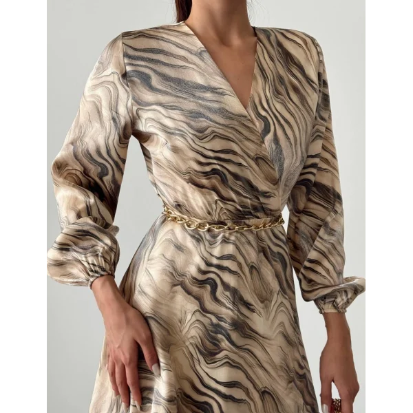 DESENLİ SATEN KRUVAZE ELBİSE BEJ