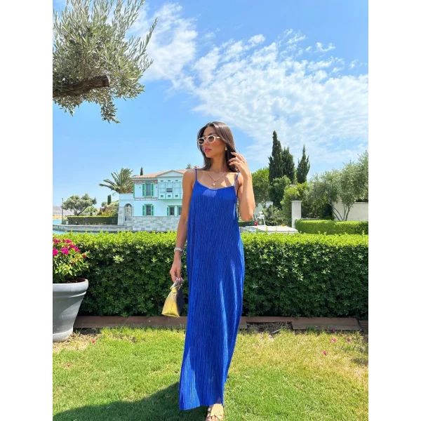 İNCE ASKILI PİLİSE MAVİ UZUN ELBİSE