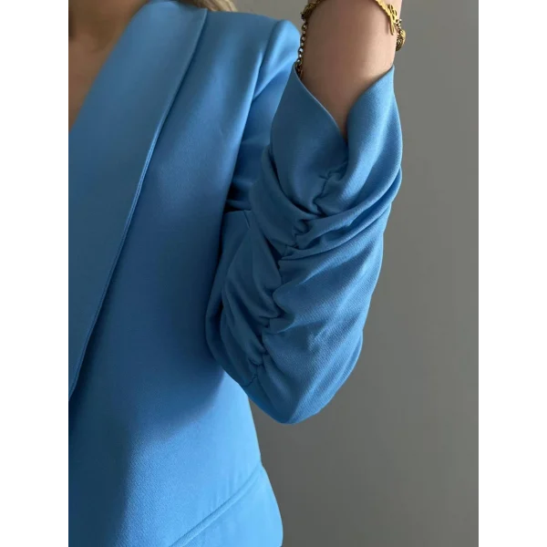 Atlas Kumaş Astarlı Büzgü Kol Tam Kalıp Blazer Ceket Mavi