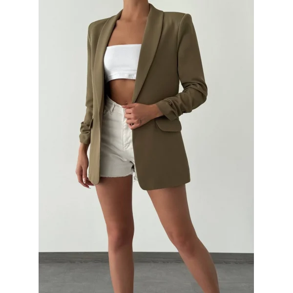 Atlas Kumaş Astarlı Büzgü Kol Tam Kalıp Blazer Ceket Haki