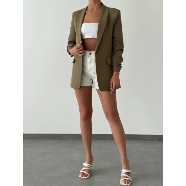 Atlas Kumaş Astarlı Büzgü Kol Tam Kalıp Blazer Ceket Haki