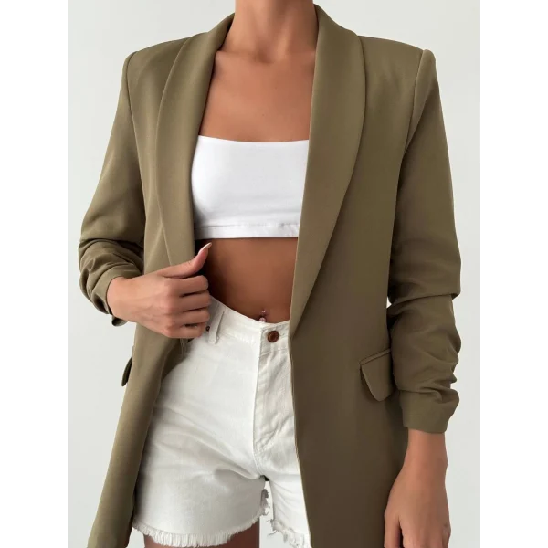 Atlas Kumaş Astarlı Büzgü Kol Tam Kalıp Blazer Ceket Haki