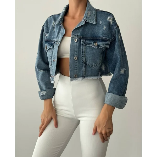 Püsküllü Kısa Kot Ceket Mavi