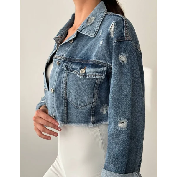 Püsküllü Kısa Kot Ceket Mavi