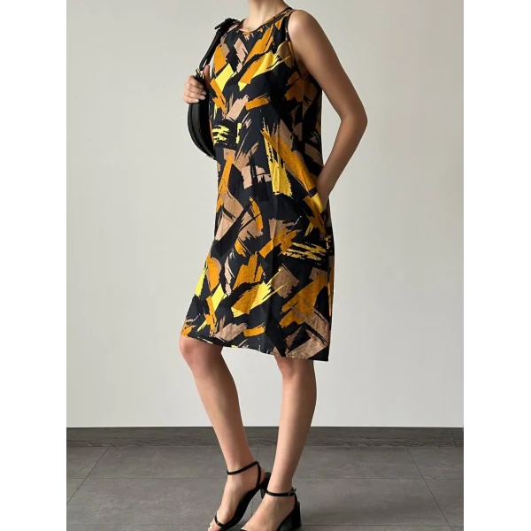 Desenli Çan Elbise Siyah Hardal