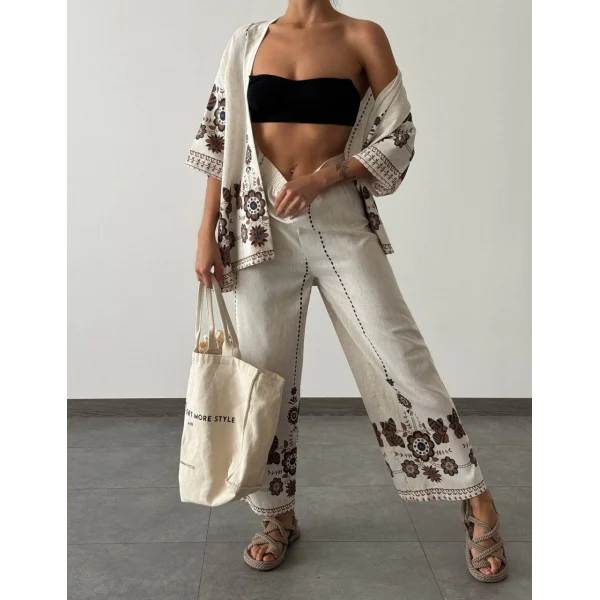 ETNİK DESEN KİMONO TAKIM EKRU