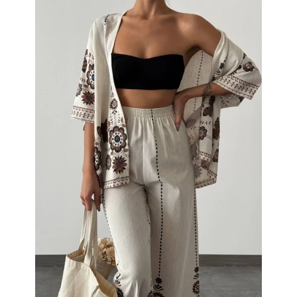 ETNİK DESEN KİMONO TAKIM EKRU
