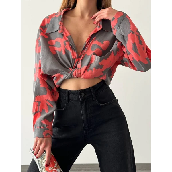 DESENLİ SALAŞ GÖMLEK NAR ÇİÇEĞİ