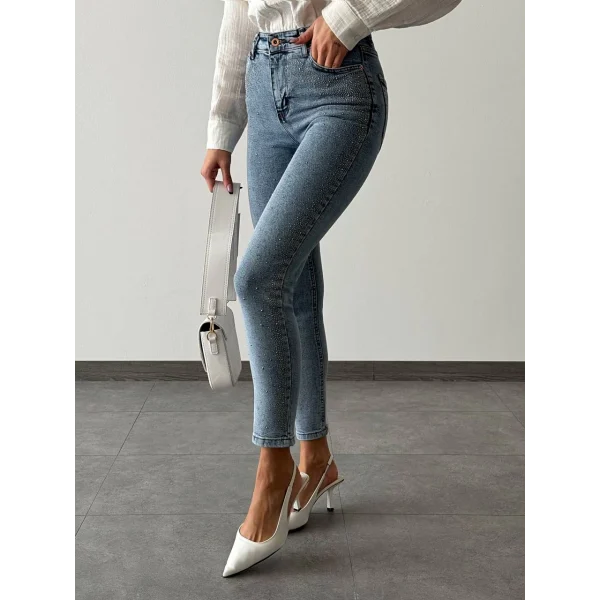 TAŞLI BOYFRİEND KOT PANTOLON MAVİ