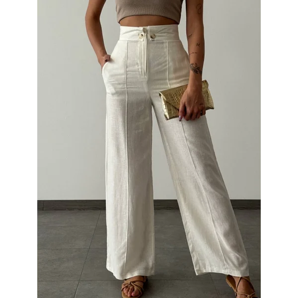 BEL DÜĞMELİ KETEN PANTOLON EKRU